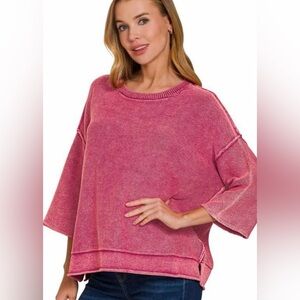 Zenana Cabernet Washed 3/4 Sleeve Boxy Sweater